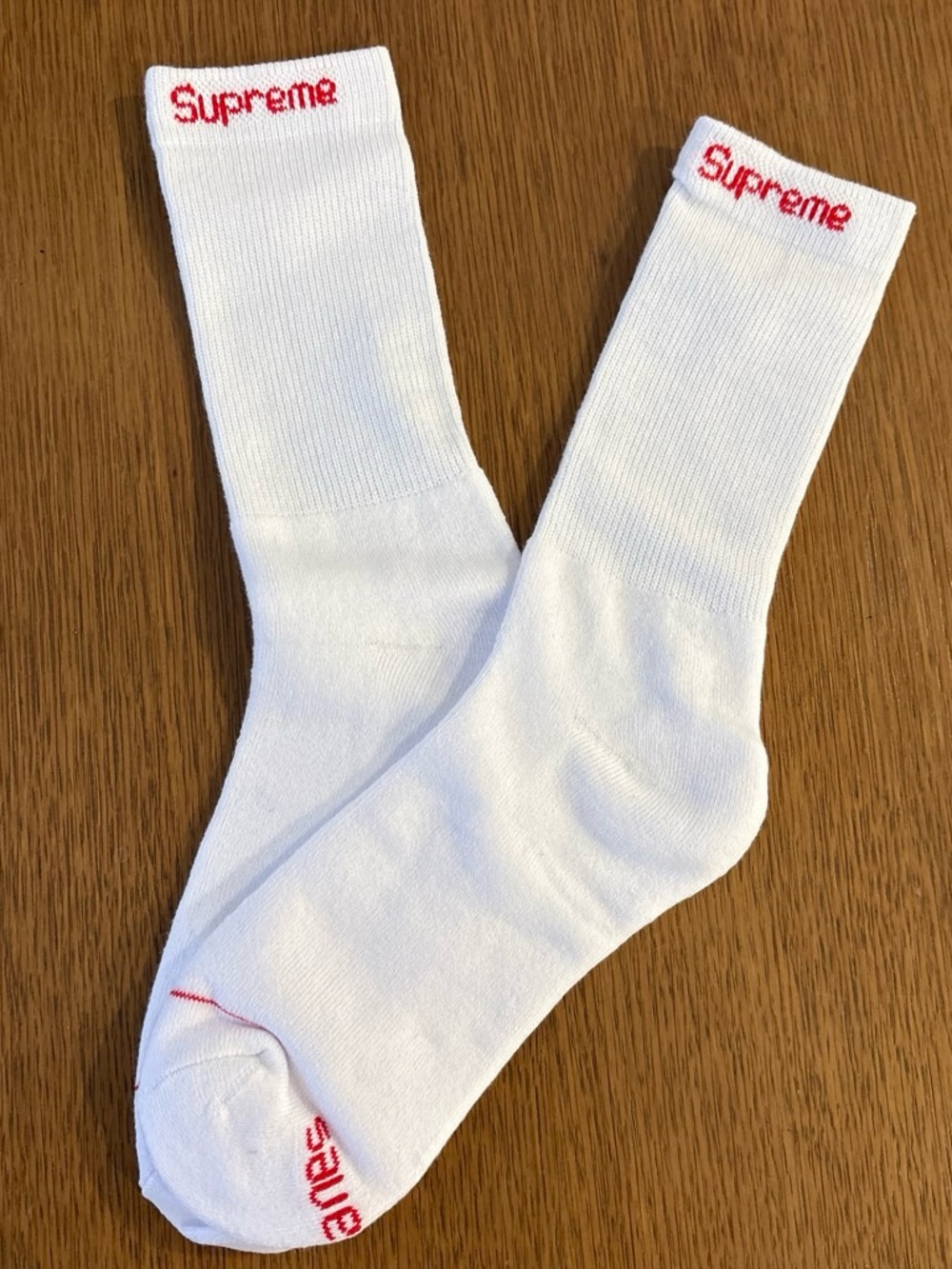 Supreme White Crew Socks with Red Logo